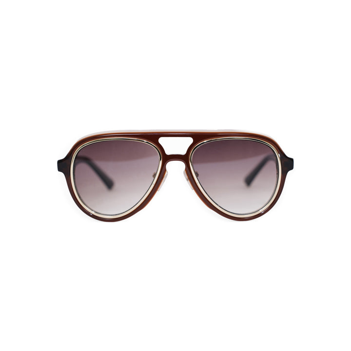 VLIZ Lindbergh sunglasses with brown aviator-style frame and gradient gray lenses, retro double-bridge design, engraved logo on temples.