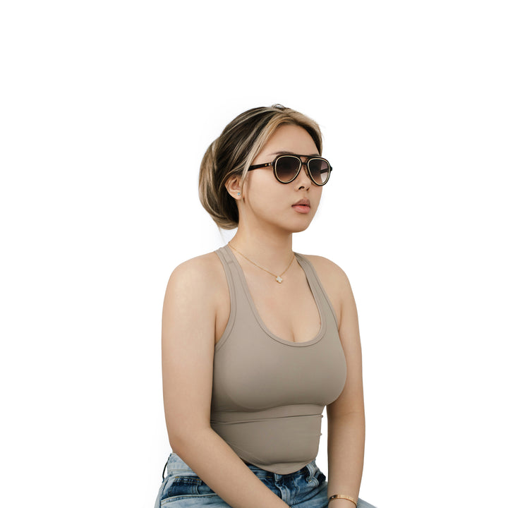 VLIZ Lindbergh sunglasses with brown aviator-style frame and gradient gray lenses, retro double-bridge design, engraved logo on temples.