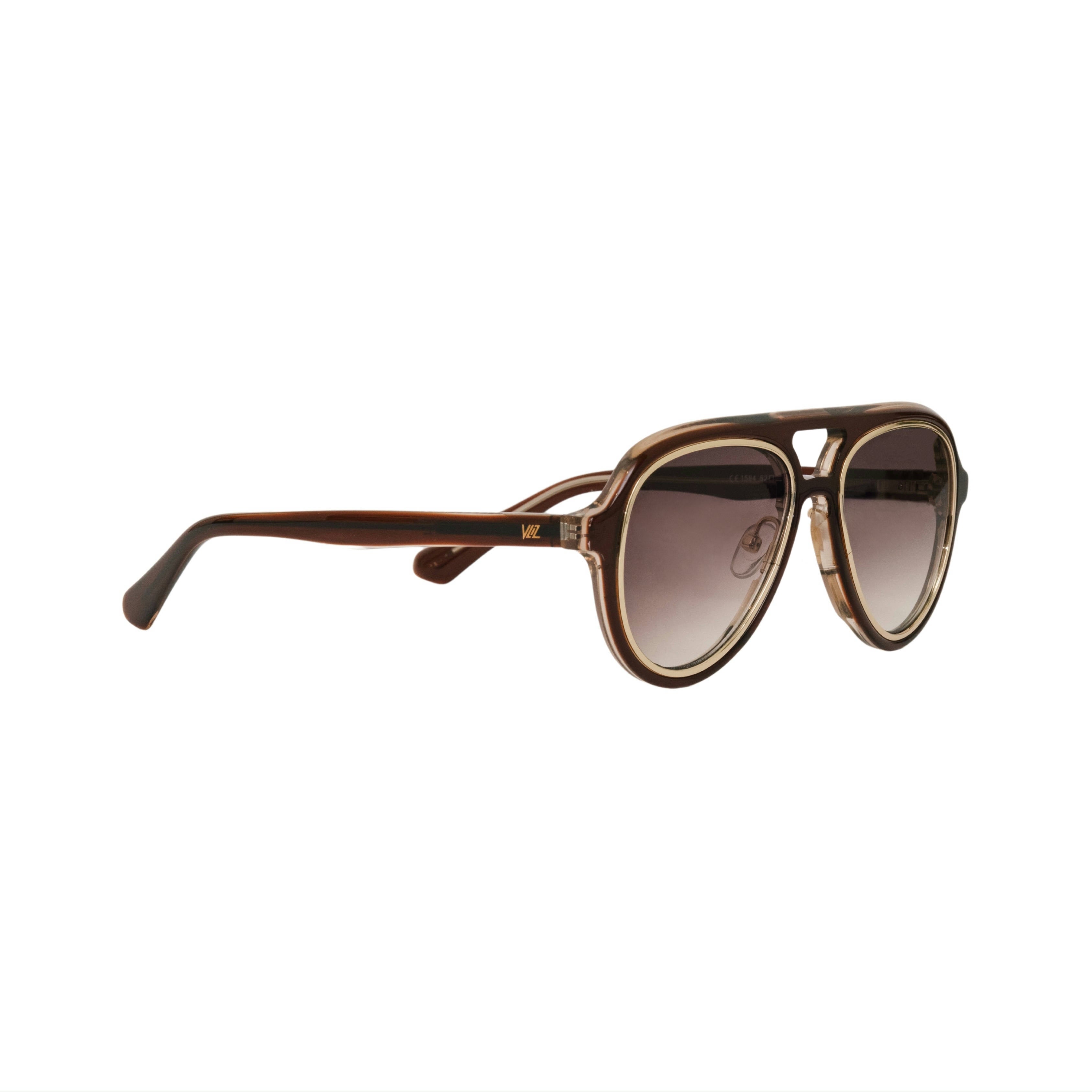VLIZ Lindbergh sunglasses with brown aviator-style frame and gradient gray lenses, retro double-bridge design, engraved logo on temples.