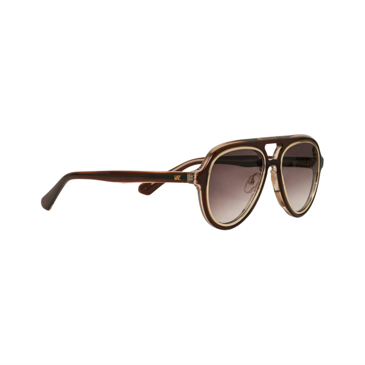 VLIZ Lindbergh sunglasses with brown aviator-style frame and gradient gray lenses, retro double-bridge design, engraved logo on temples.