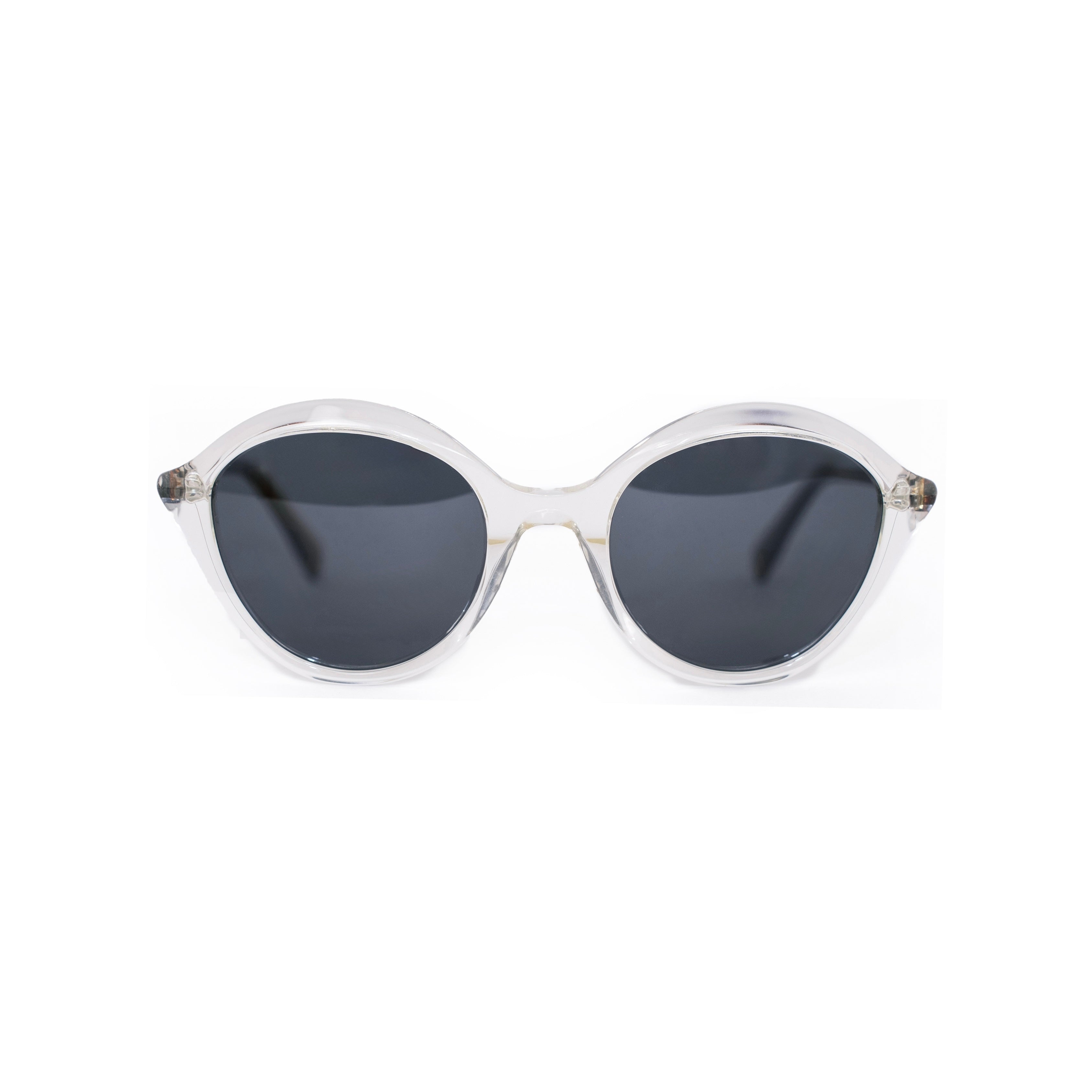VLIZ Lucent round sunglasses with translucent frame and black lenses, street-style gradient design, engraved logo on temples.