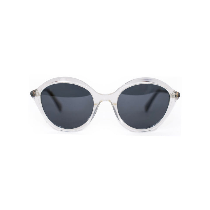 VLIZ Lucent round sunglasses with translucent frame and black lenses, street-style gradient design, engraved logo on temples.