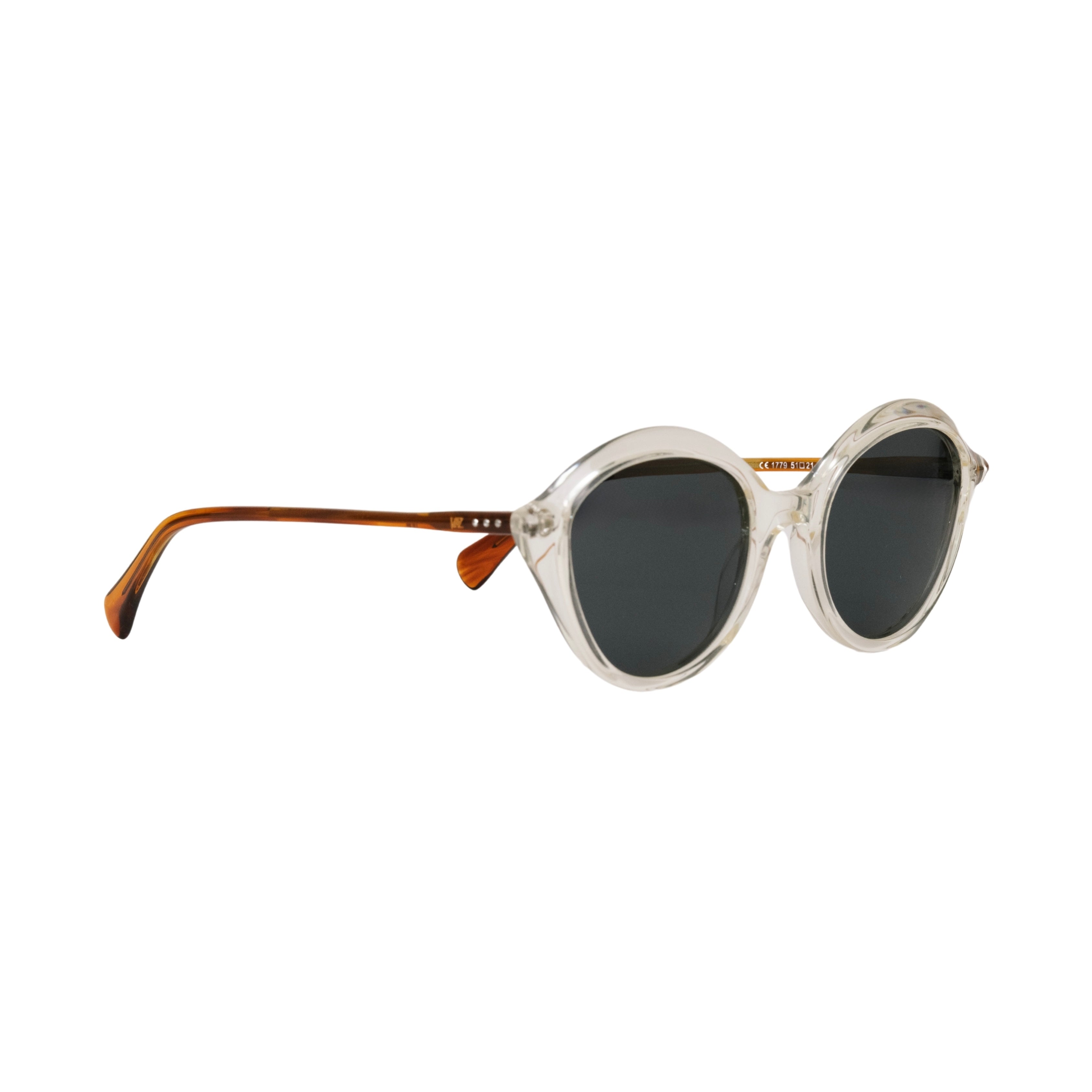 VLIZ Lucent round sunglasses with translucent frame and black lenses, street-style gradient design, engraved logo on temples.