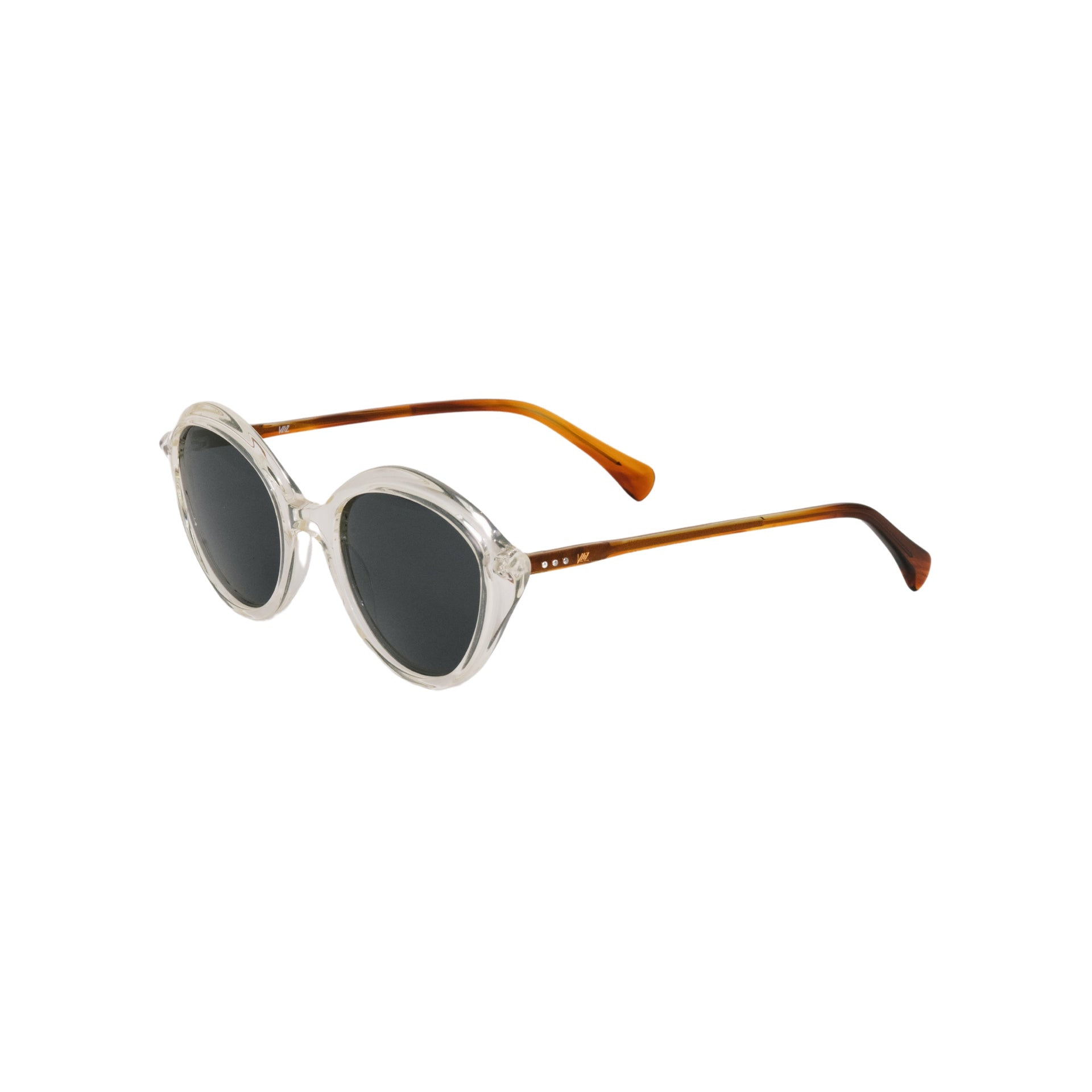 VLIZ Lucent round sunglasses with translucent frame and black lenses, street-style gradient design, engraved logo on temples.