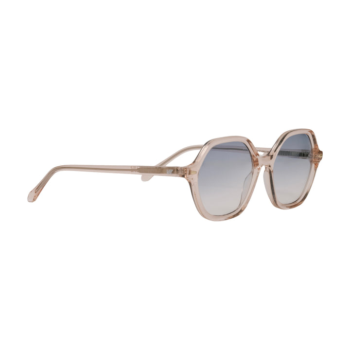 VLIZ Lunelle sunglasses with a translucent tea octagon frame and light blue gradient lenses, sculptural silhouette inspired by lunar geometry, engraved logo on temples
VLIZ Lunelle sunglasses with a tortoise octagon frame and gradient lenses, sculptural silhouette inspired by lunar geometry, engraved logo on temples.
