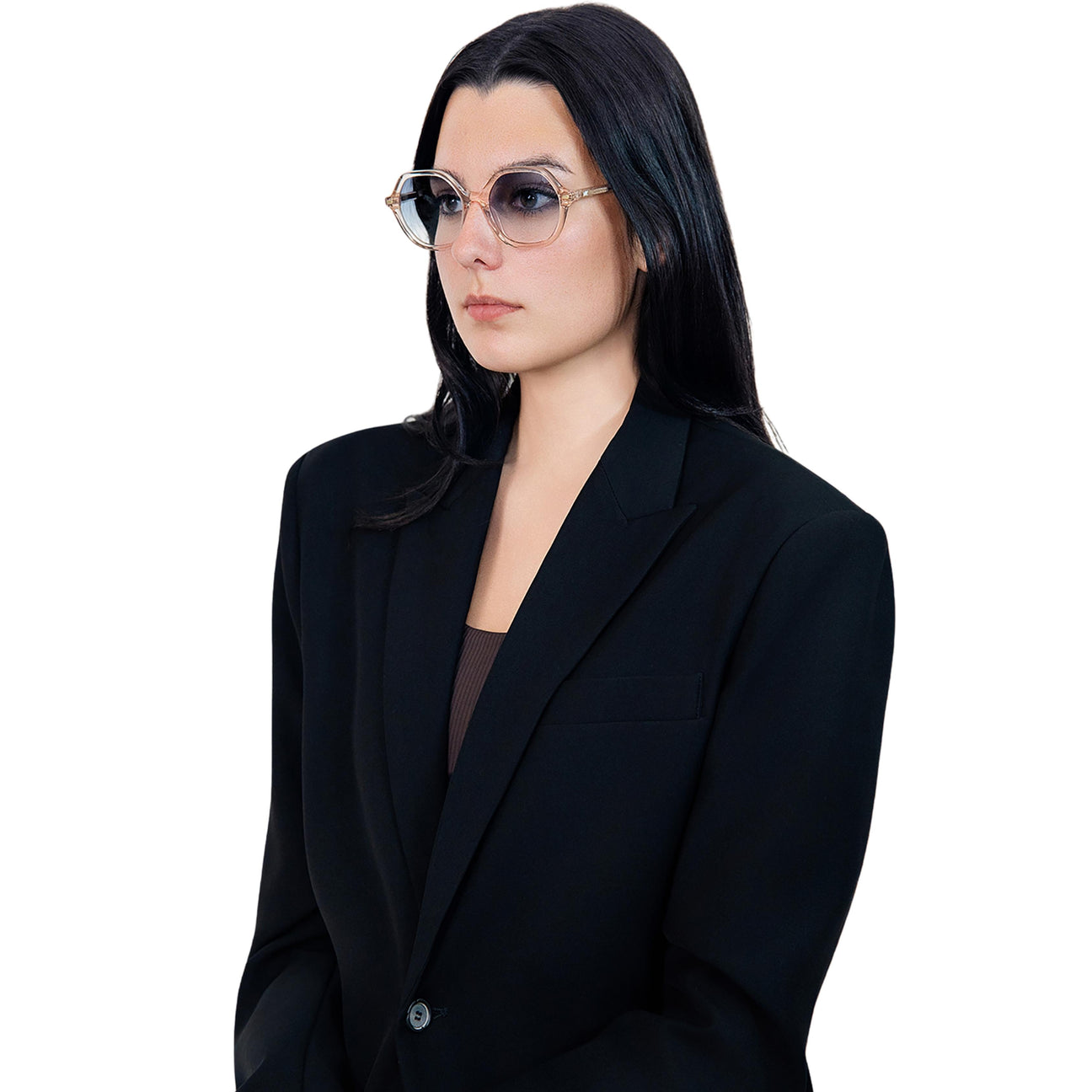 VLIZ Lunelle sunglasses with a translucent tea octagon frame and light blue gradient lenses, sculptural silhouette inspired by lunar geometry, engraved logo on temples