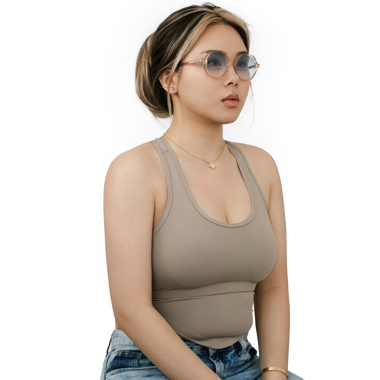 VLIZ Lunelle sunglasses with a translucent tea octagon frame and light blue gradient lenses, sculptural silhouette inspired by lunar geometry, engraved logo on temples