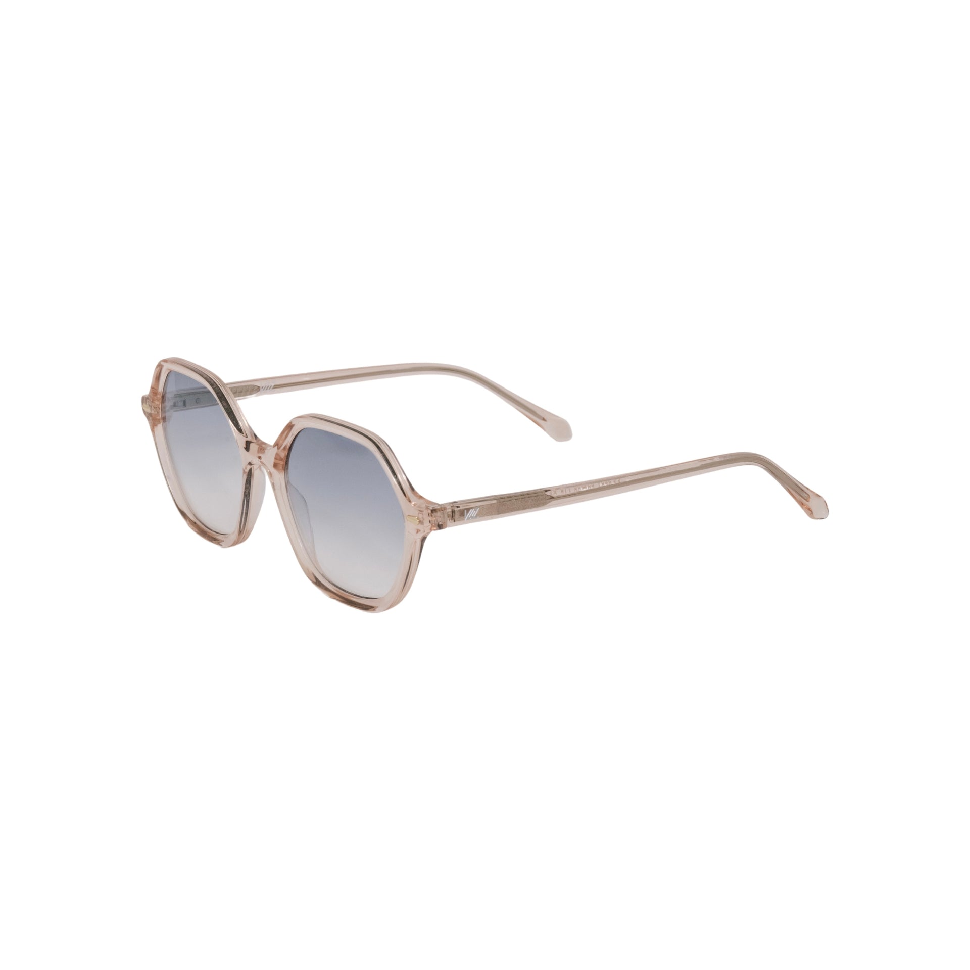 VLIZ Lunelle sunglasses with a translucent tea octagon frame and light blue gradient lenses, sculptural silhouette inspired by lunar geometry, engraved logo on temples
VLIZ Lunelle sunglasses with a tortoise octagon frame and gradient lenses, sculptural silhouette inspired by lunar geometry, engraved logo on temples.