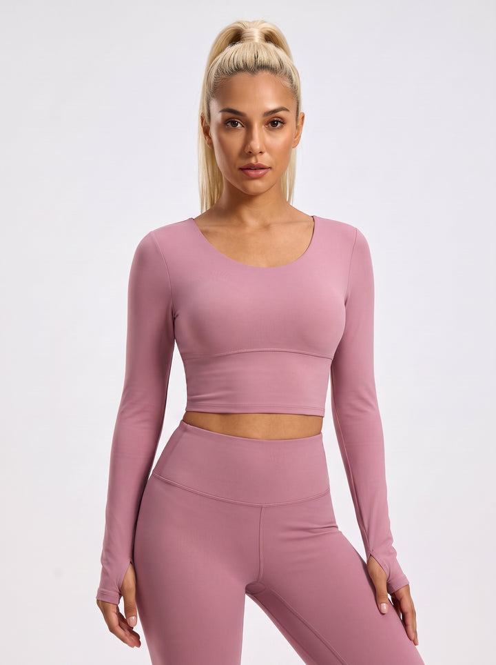 VLIZ dusty rose long-sleeve sports bra with cross-back design, front view
