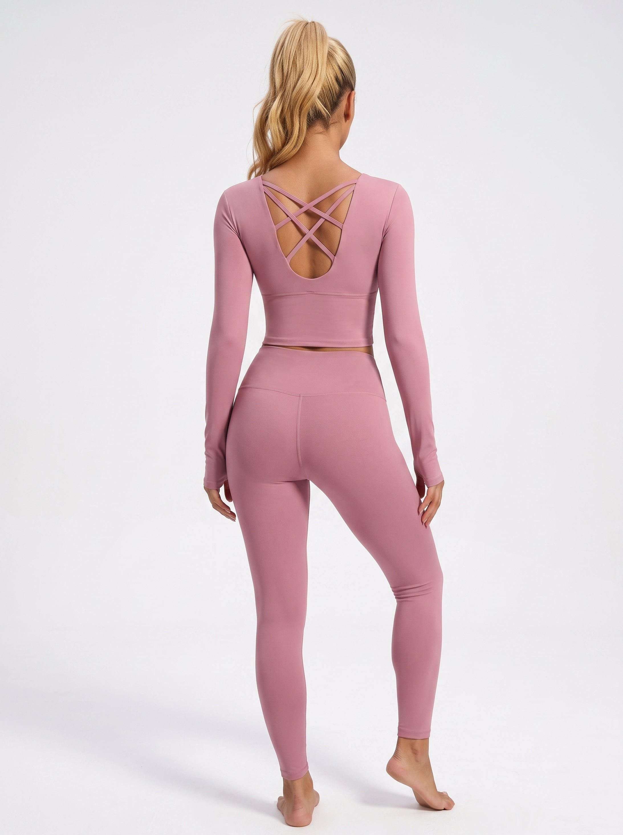 VLIZ dusty rose long-sleeve sports bra, full body back view