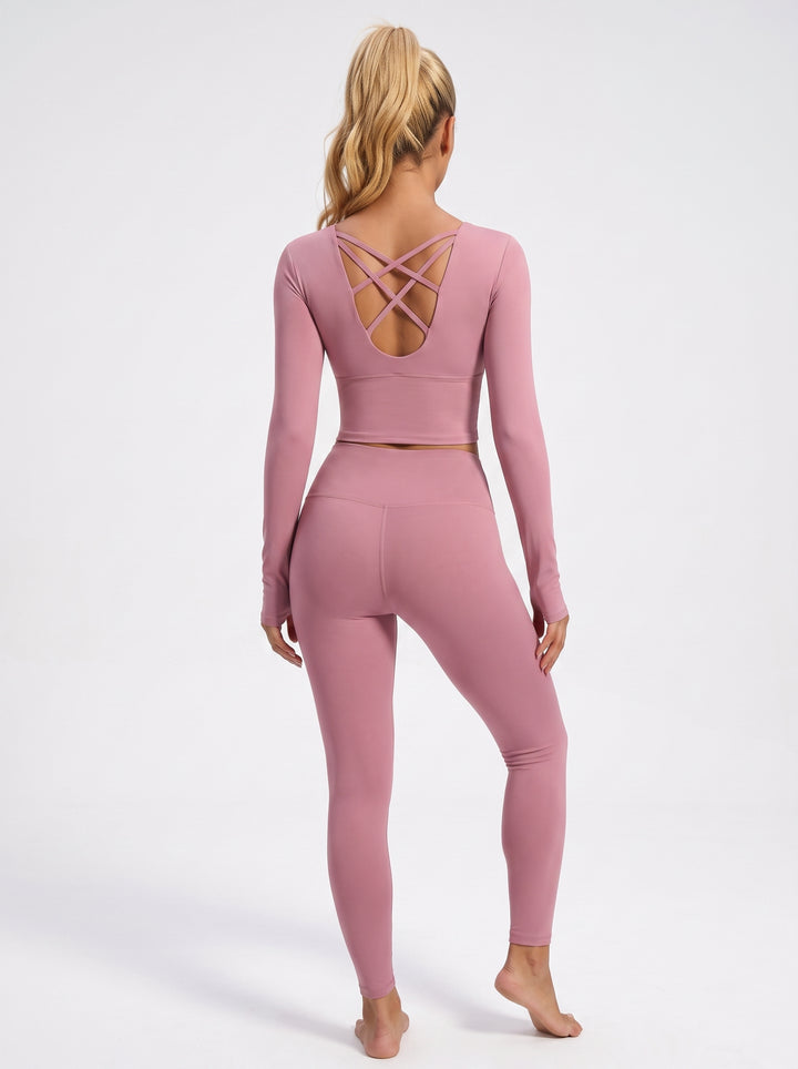 VLIZ dusty rose long-sleeve sports bra, full body back view