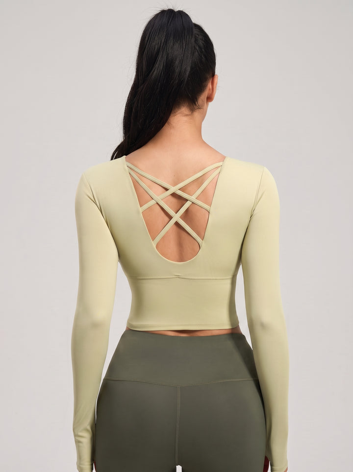 VLIZ light green long-sleeve sports bra with cross-back design, back view