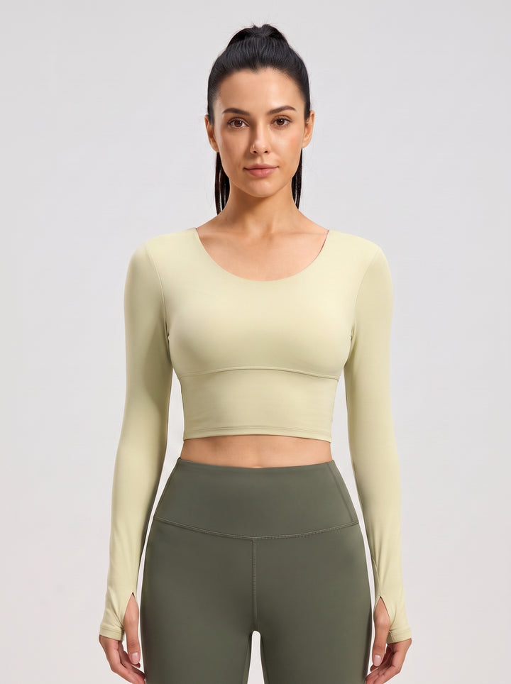 VLIZ light green long-sleeve sports bra with cross-back design, front view