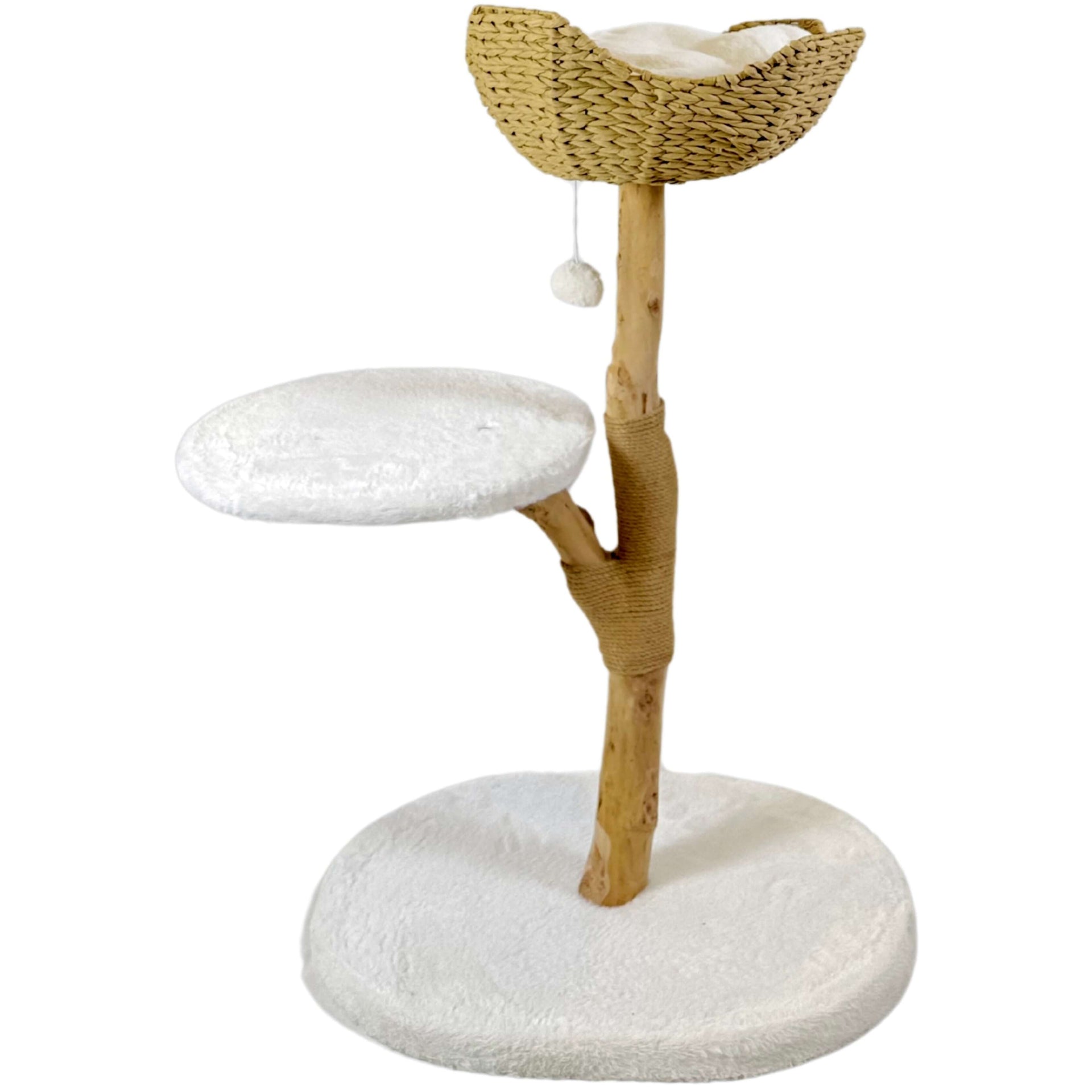 Natural wood cat tree with handwoven rattan cat bed and plush cushion.
Sturdy cat furniture with a plush-covered climbing platform and wide stable base.
Sisal scratching post and dangling plush ball toy for cat entertainment.