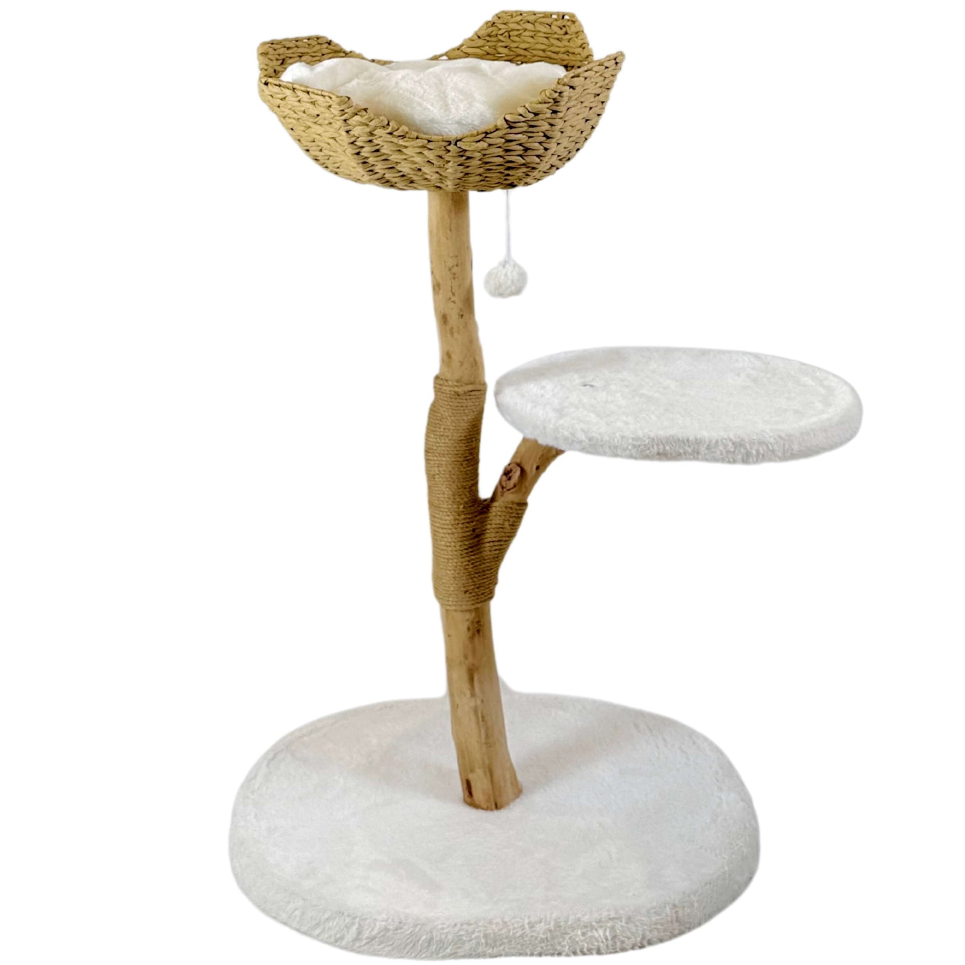 Natural wood cat tree with handwoven rattan cat bed and plush cushion.
Sturdy cat furniture with a plush-covered climbing platform and wide stable base.
Sisal scratching post and dangling plush ball toy for cat entertainment.