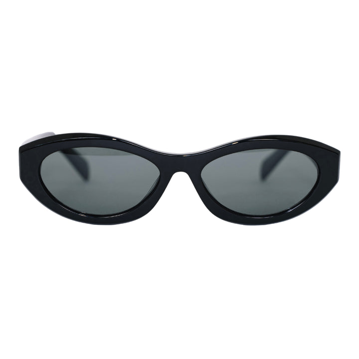 VLIZ Nolita oval sunglasses with black frame and black lenses, featuring smooth oval design and engraved logo on temples.