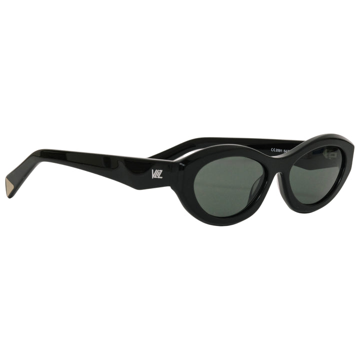 VLIZ Nolita oval sunglasses with black frame and black lenses, featuring smooth oval design and engraved logo on temples.
