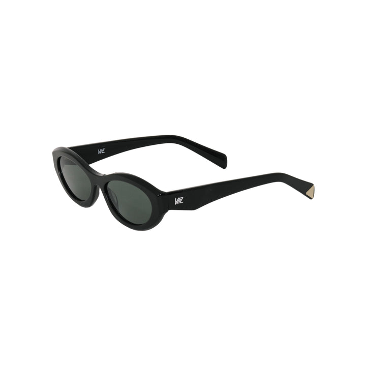 VLIZ Nolita oval sunglasses with black frame and black lenses, featuring smooth oval design and engraved logo on temples.