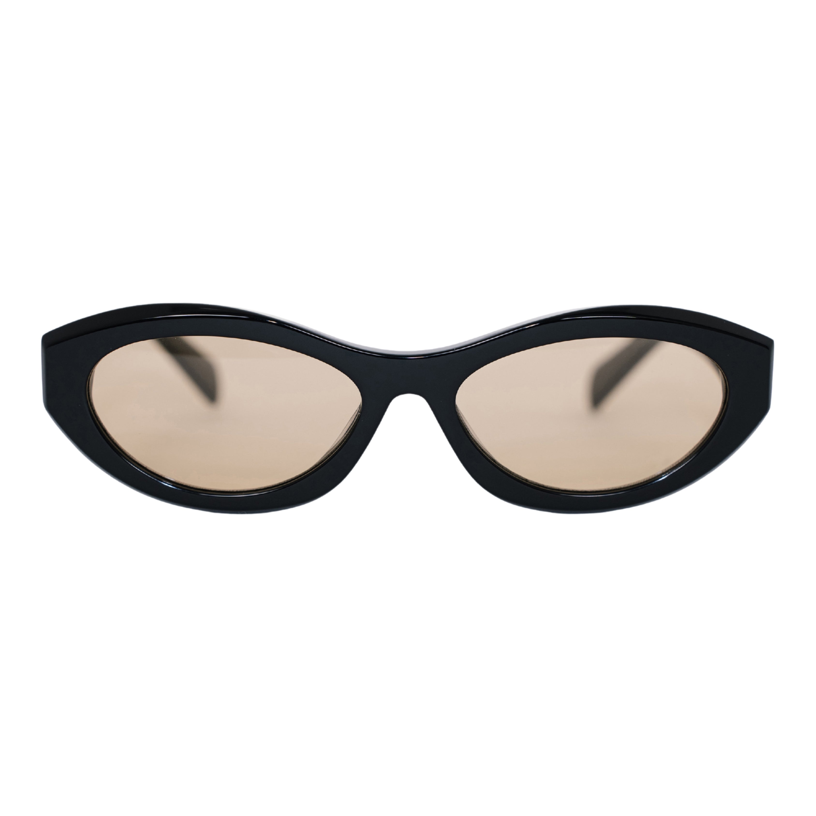 VLIZ Nolita oval sunglasses with black frame and brown lenses, featuring smooth oval design and engraved logo on temples.