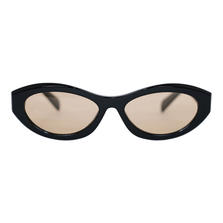 VLIZ Nolita oval sunglasses with black frame and brown lenses, featuring smooth oval design and engraved logo on temples.