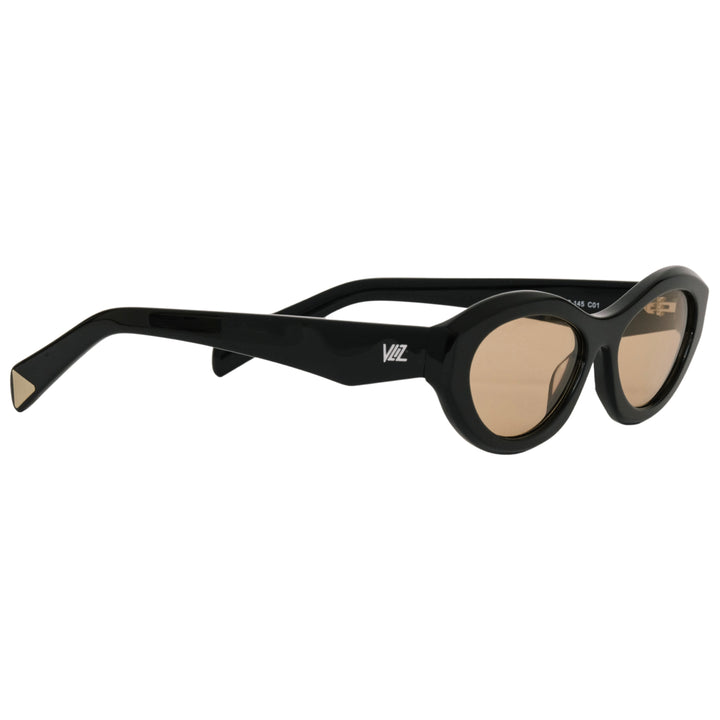 VLIZ Nolita oval sunglasses with black frame and brown lenses, featuring smooth oval design and engraved logo on temples.