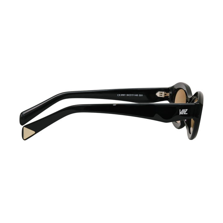 VLIZ Nolita oval sunglasses with black frame and brown lenses, featuring smooth oval design and engraved logo on temples.