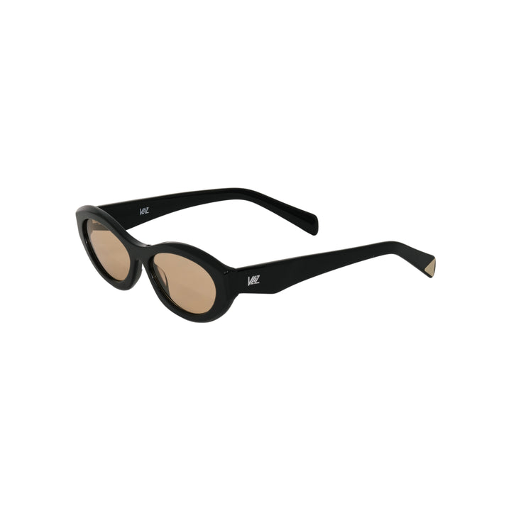 VLIZ Nolita oval sunglasses with black frame and brown lenses, featuring smooth oval design and engraved logo on temples.