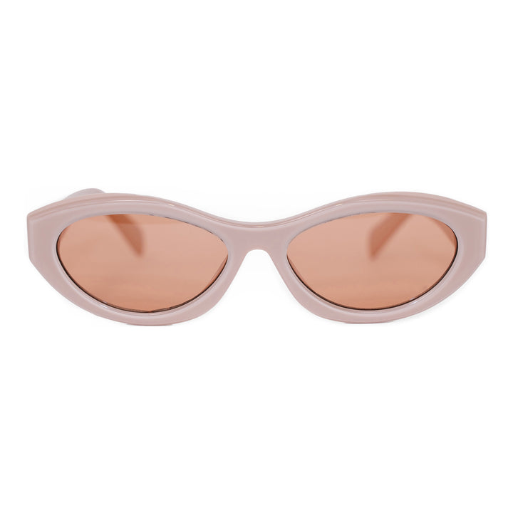 VLIZ Nolita oval sunglasses with pink frame and pink lenses, featuring smooth oval design and engraved logo on temples.