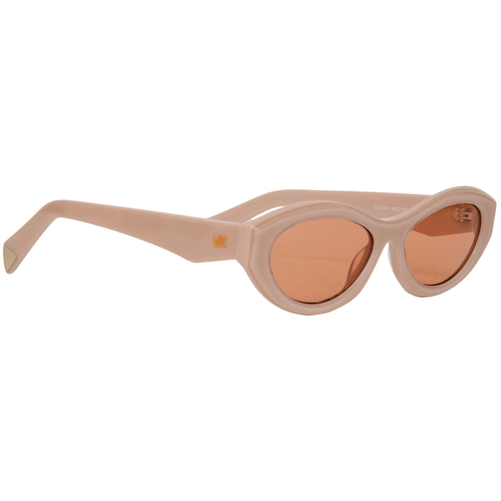 VLIZ Nolita oval sunglasses with pink frame and pink lenses, featuring smooth oval design and engraved logo on temples.