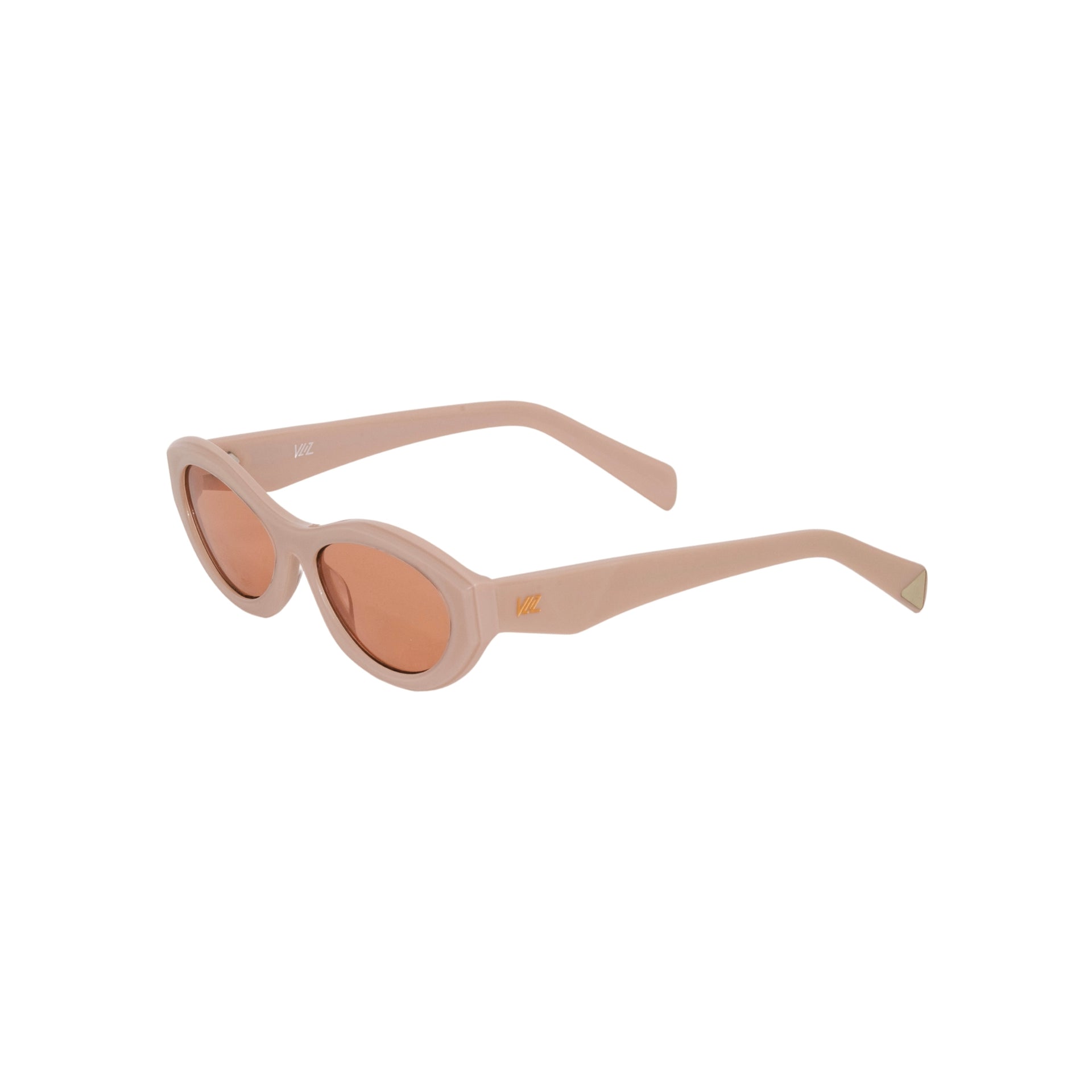 VLIZ Nolita oval sunglasses with pink frame and pink lenses, featuring smooth oval design and engraved logo on temples.