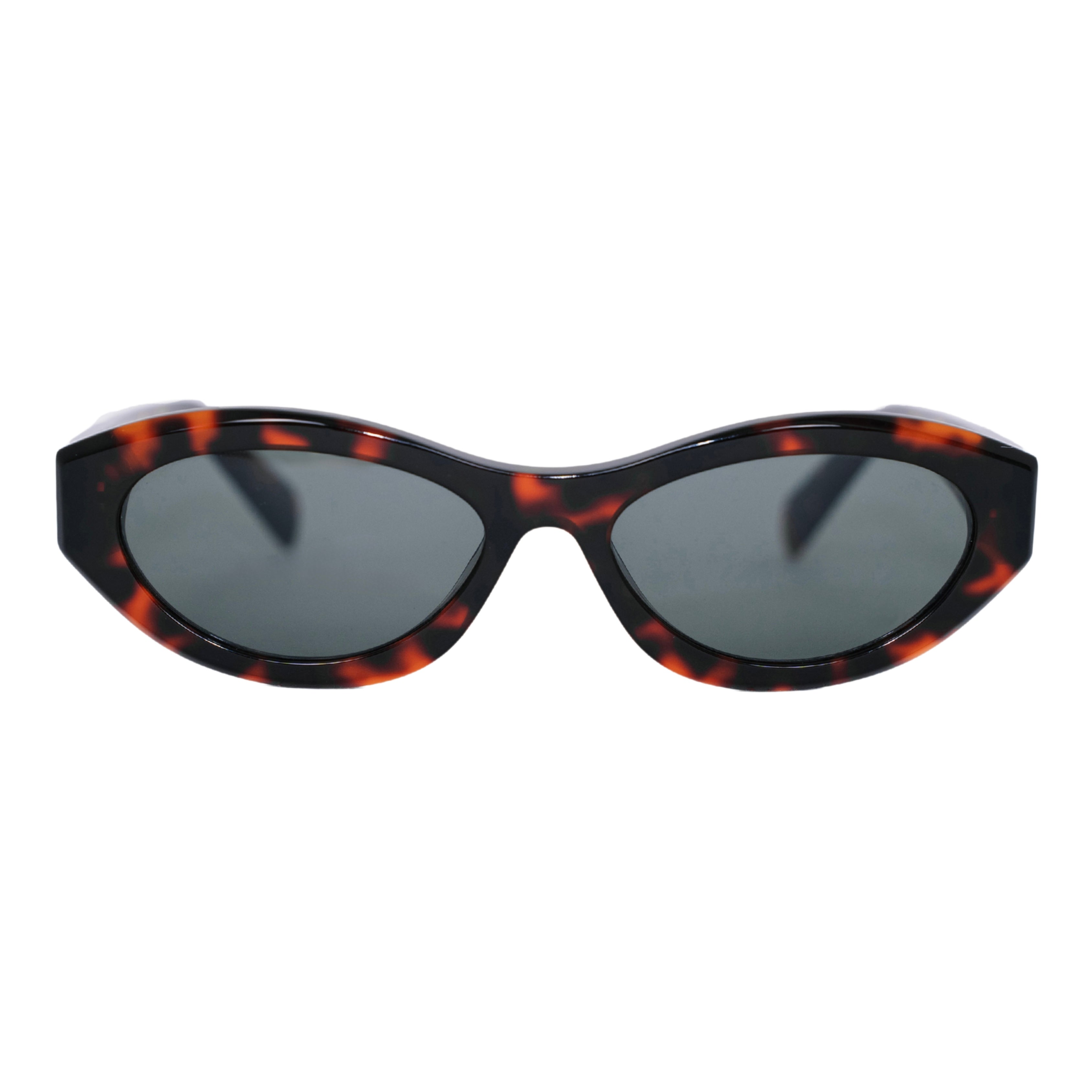 VLIZ Nolita oval sunglasses with tortoise frame and black lenses, featuring smooth oval design and engraved logo on temples.