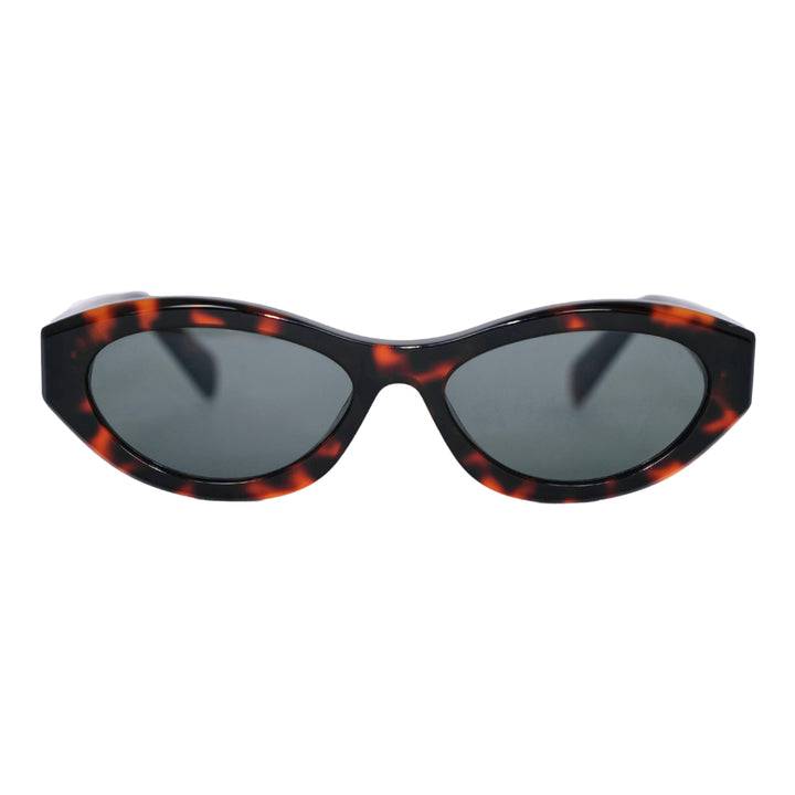 VLIZ Nolita oval sunglasses with tortoise frame and black lenses, featuring smooth oval design and engraved logo on temples.