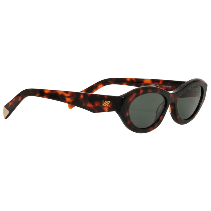 VLIZ Nolita oval sunglasses with tortoise frame and black lenses, featuring smooth oval design and engraved logo on temples.