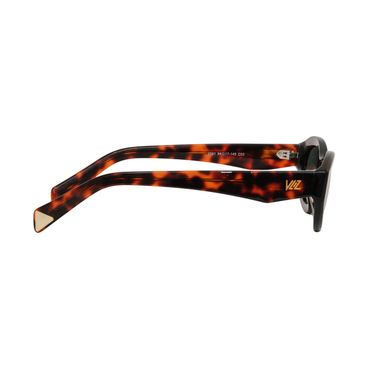 VLIZ Nolita oval sunglasses with tortoise frame and black lenses, featuring smooth oval design and engraved logo on temples.