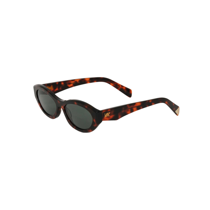 VLIZ Nolita oval sunglasses with tortoise frame and black lenses, featuring smooth oval design and engraved logo on temples.
