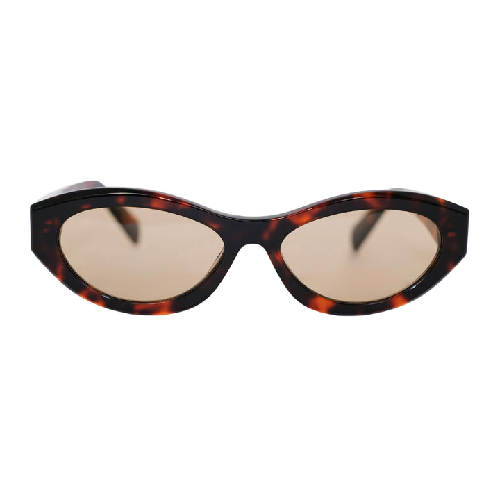 VLIZ Nolita oval sunglasses with tortoise frame and brown lenses, featuring smooth oval design and engraved logo on temples.