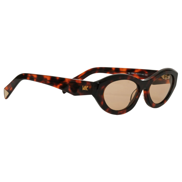VLIZ Nolita oval sunglasses with tortoise frame and brown lenses, featuring smooth oval design and engraved logo on temples.