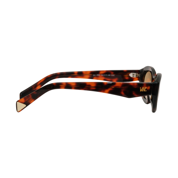 VLIZ Nolita oval sunglasses with tortoise frame and brown lenses, featuring smooth oval design and engraved logo on temples.