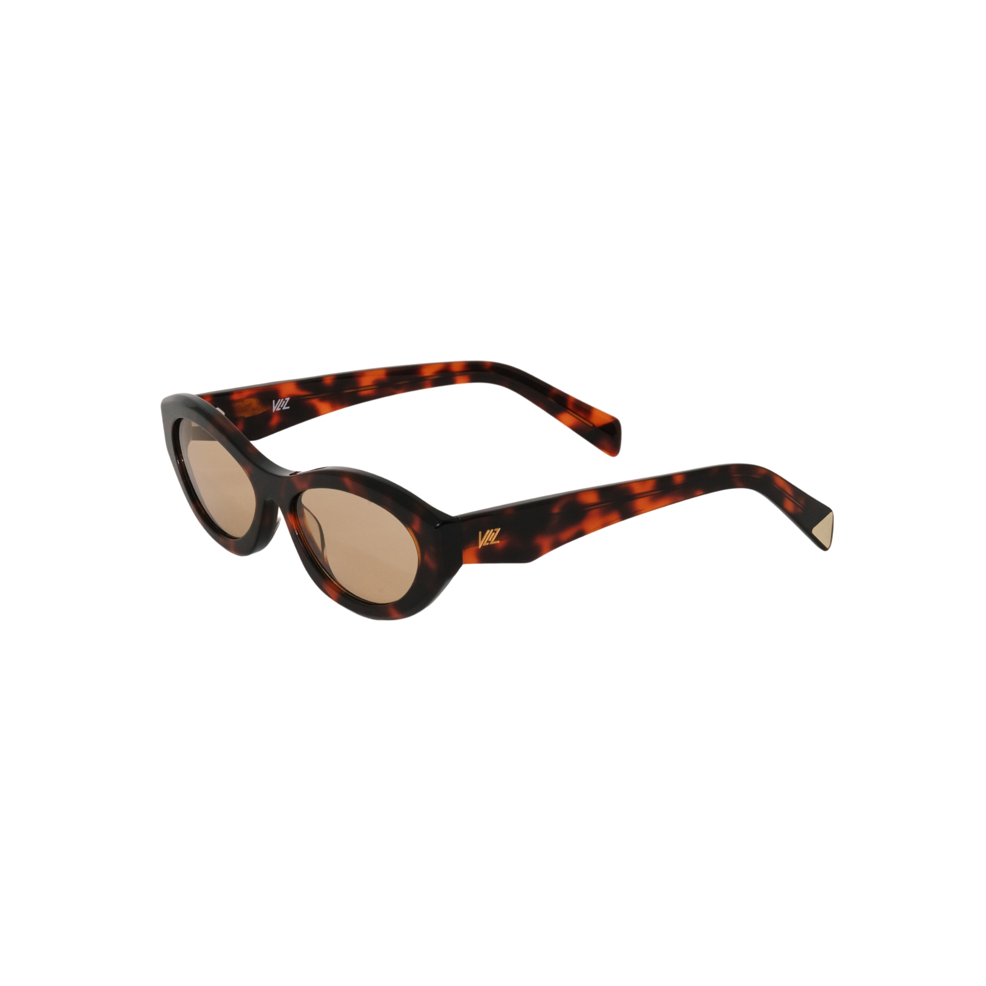 VLIZ Nolita oval sunglasses with tortoise frame and brown lenses, featuring smooth oval design and engraved logo on temples.