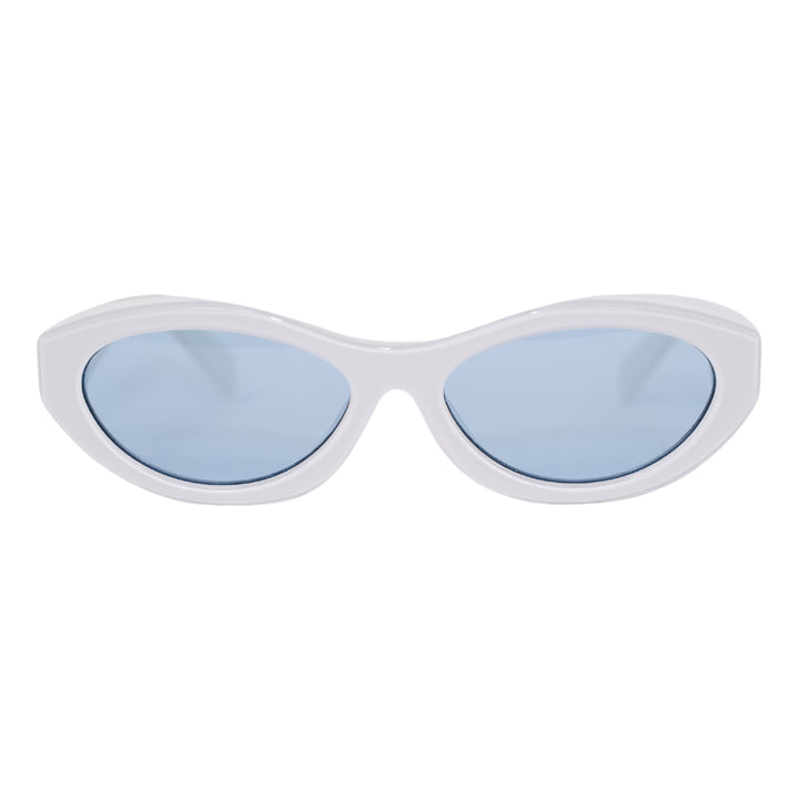 VLIZ Nolita oval sunglasses with white frame and blue lenses, featuring smooth oval design and engraved logo on temples.