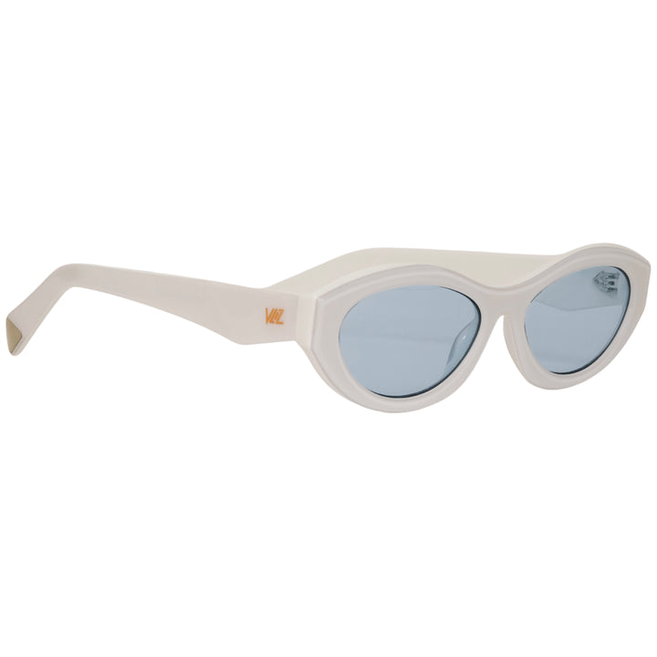 VLIZ Nolita oval sunglasses with white frame and blue lenses, featuring smooth oval design and engraved logo on temples.