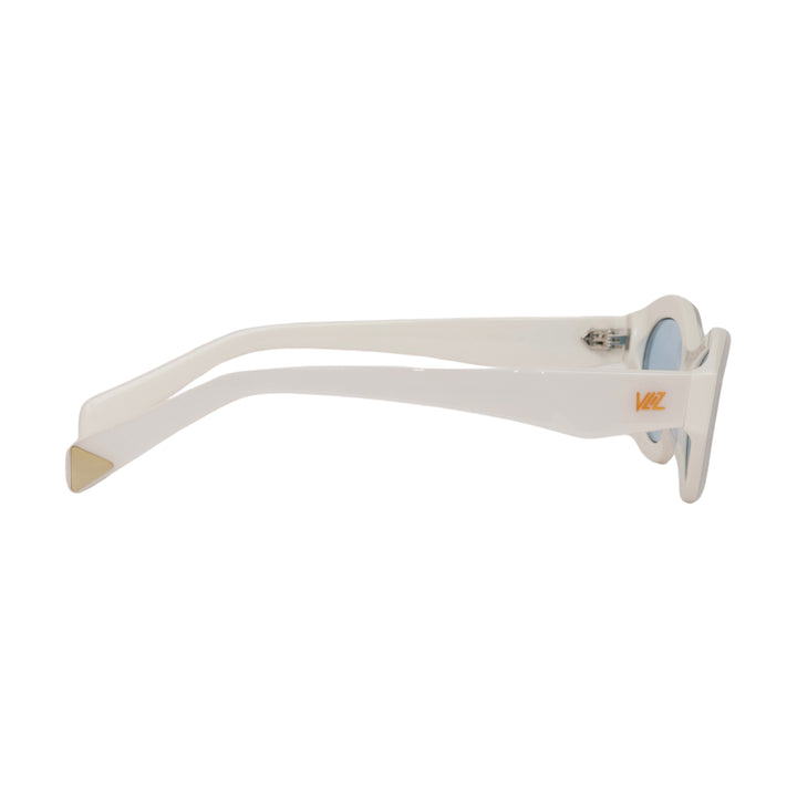 VLIZ Nolita oval sunglasses with white frame and blue lenses, featuring smooth oval design and engraved logo on temples.