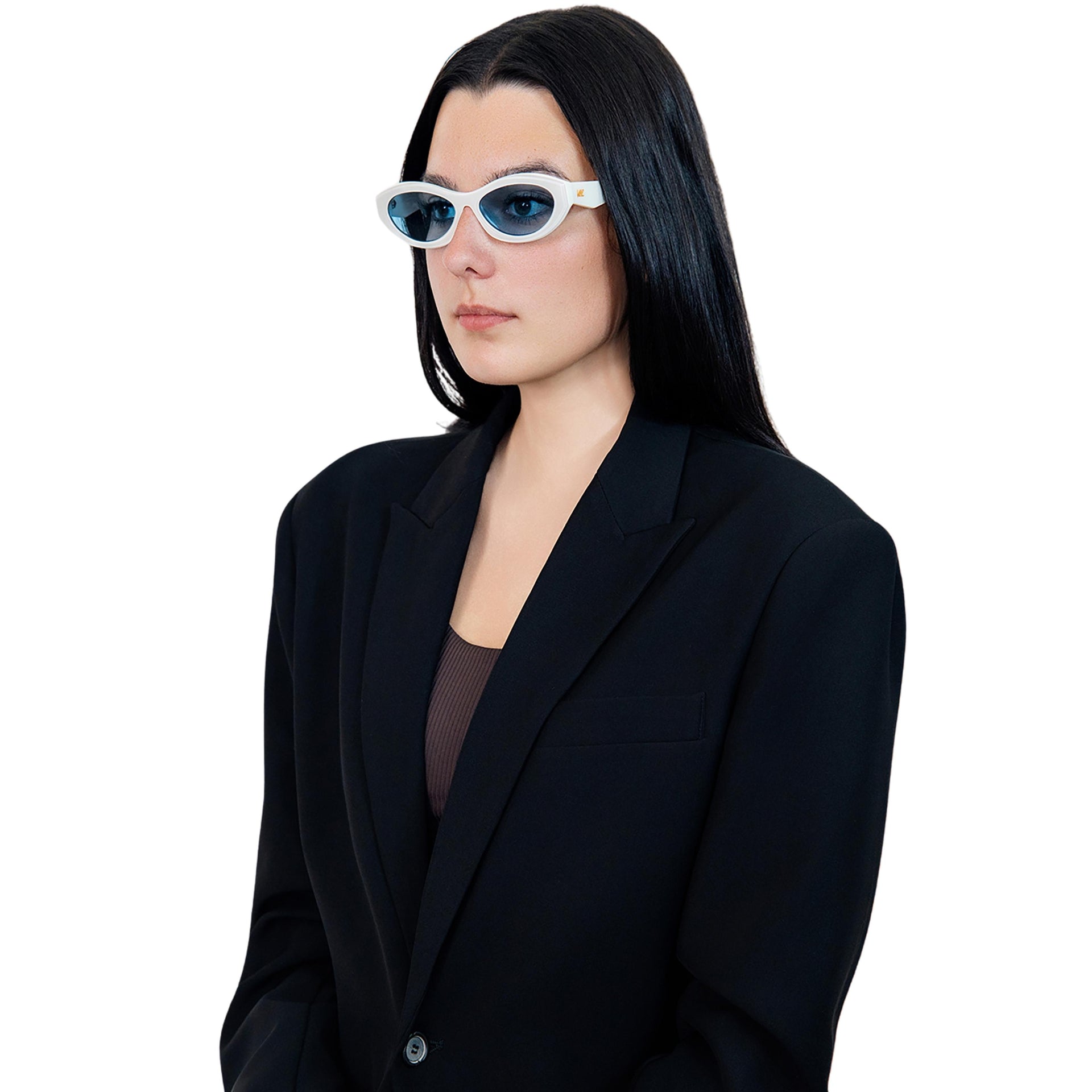 VLIZ Nolita oval sunglasses with white frame and blue lenses, featuring smooth oval design and engraved logo on temples.