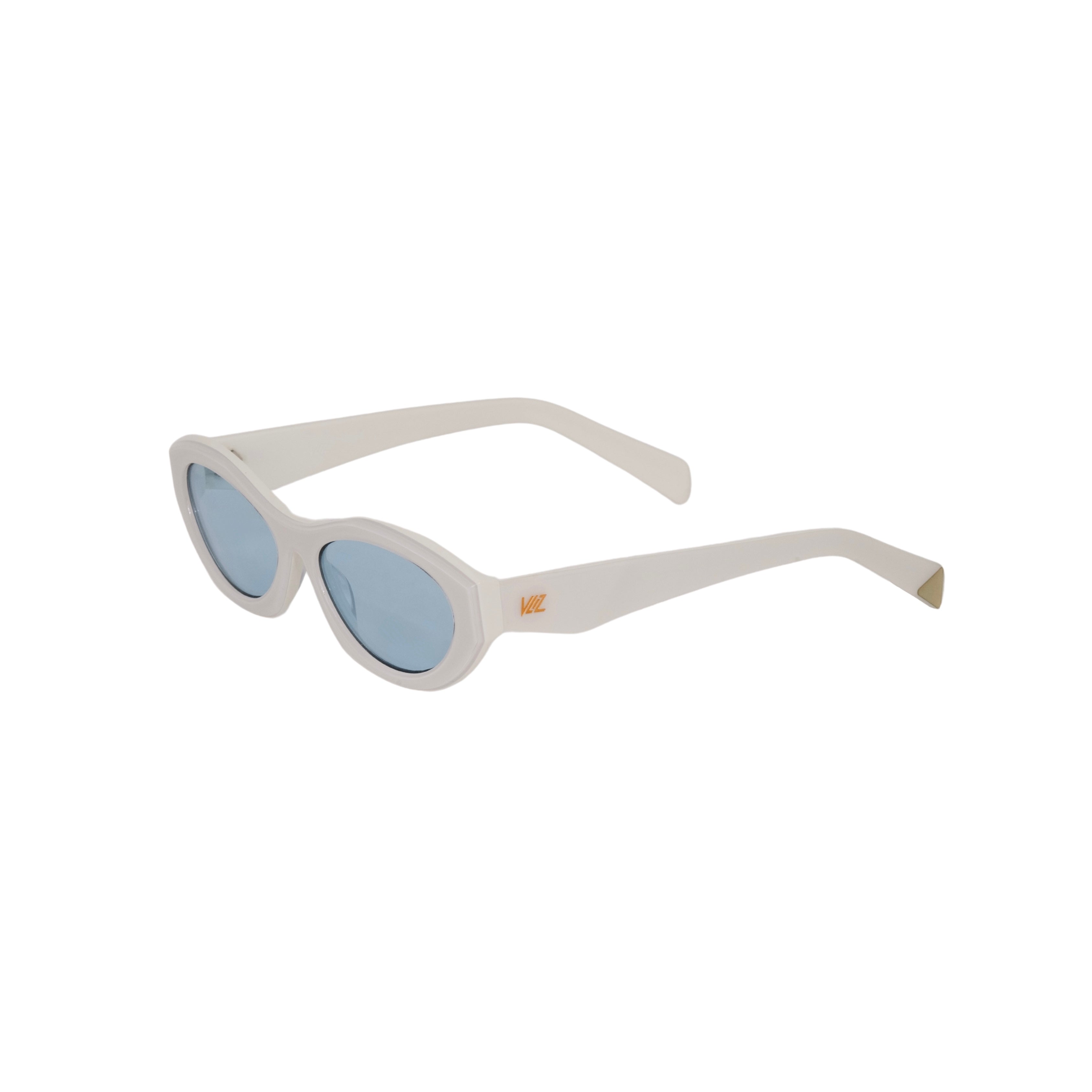 VLIZ Nolita oval sunglasses with white frame and blue lenses, featuring smooth oval design and engraved logo on temples.