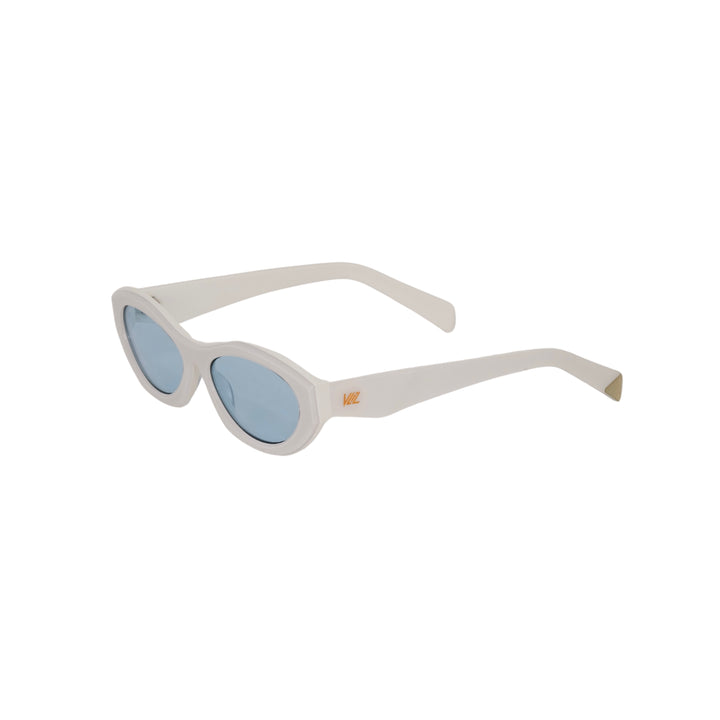 VLIZ Nolita oval sunglasses with white frame and blue lenses, featuring smooth oval design and engraved logo on temples.