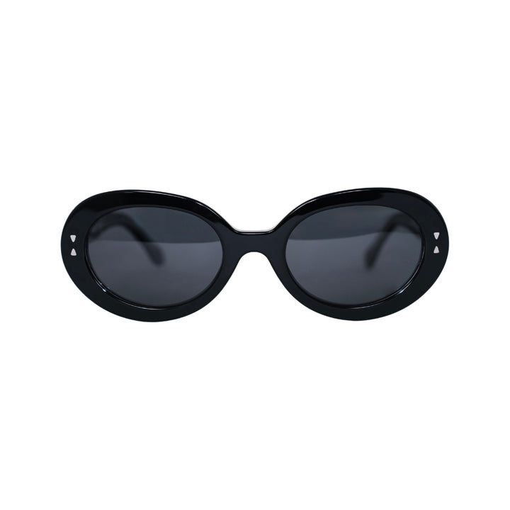 VLIZ Oracle sunglasses with a black wide oval frame, black lenses, retro styling, and engraved logo on temples.