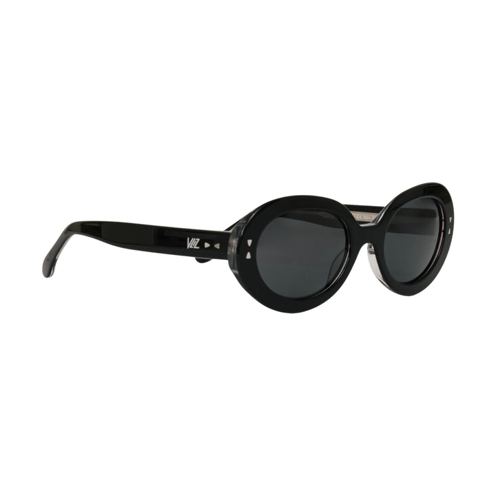 VLIZ Oracle sunglasses with a black wide oval frame, black lenses, retro styling, and engraved logo on temples.