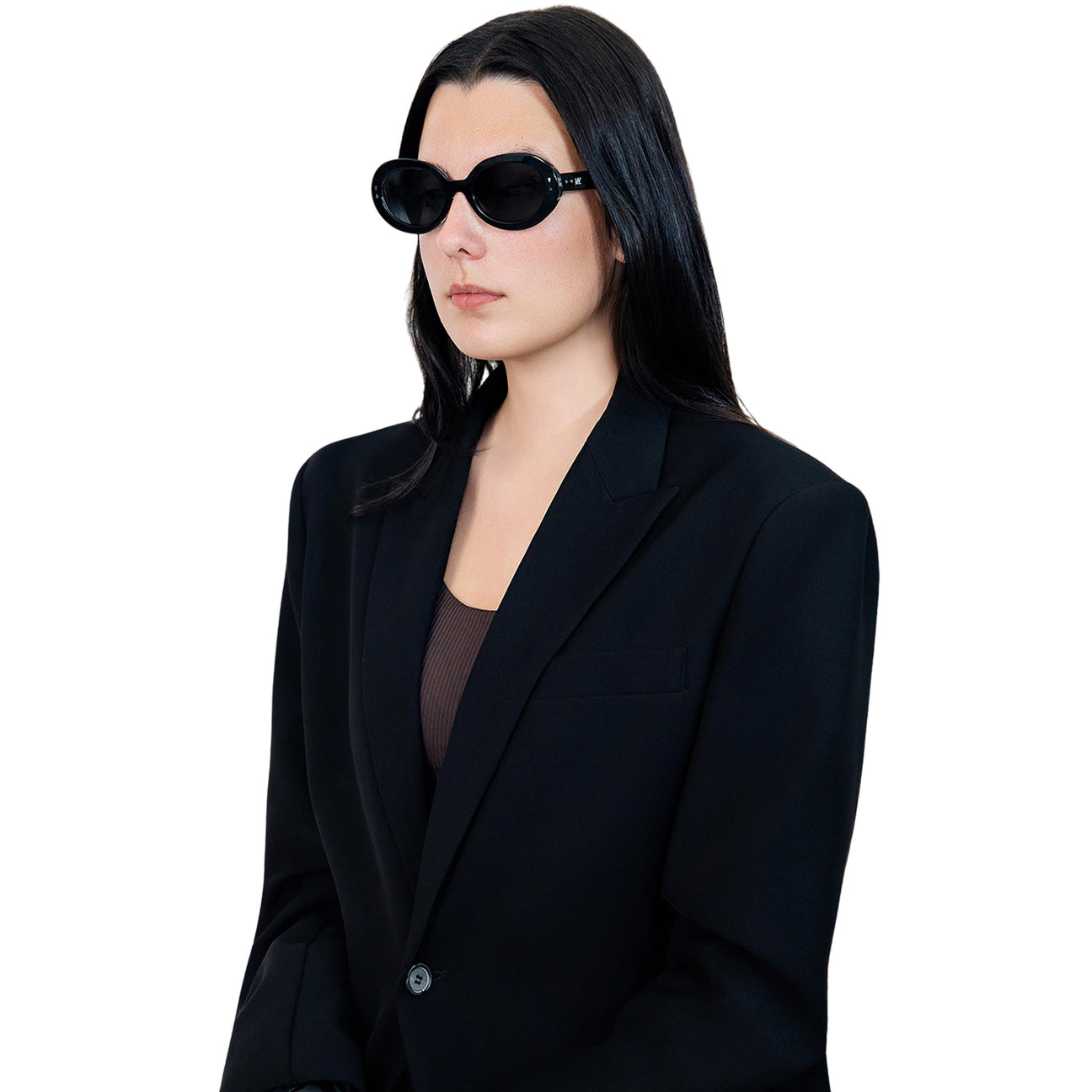 VLIZ Oracle sunglasses with a black wide oval frame, black lenses, retro styling, and engraved logo on temples.