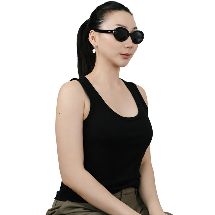 VLIZ Oracle sunglasses with a black wide oval frame, black lenses, retro styling, and engraved logo on temples.