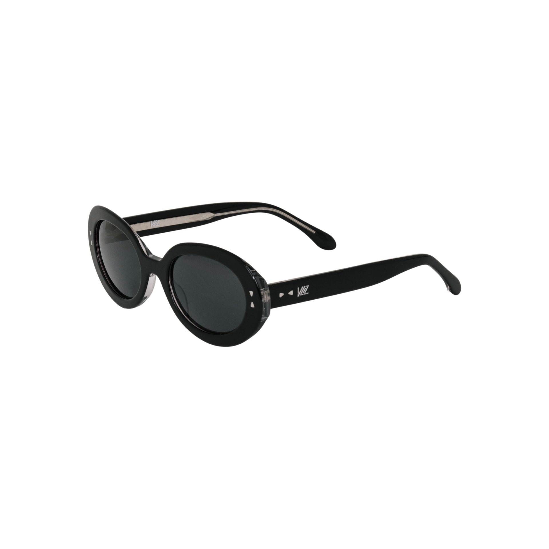 VLIZ Oracle sunglasses with a black wide oval frame, black lenses, retro styling, and engraved logo on temples.